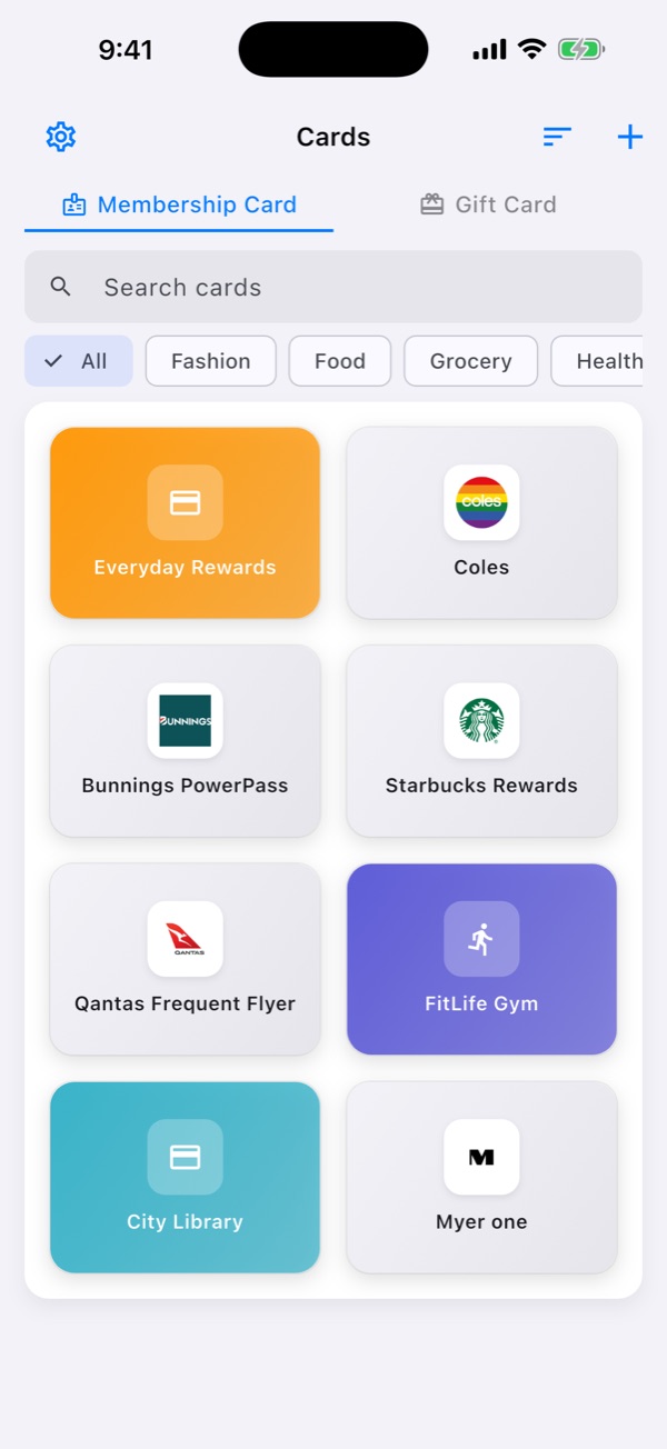 Card grid with membership cards