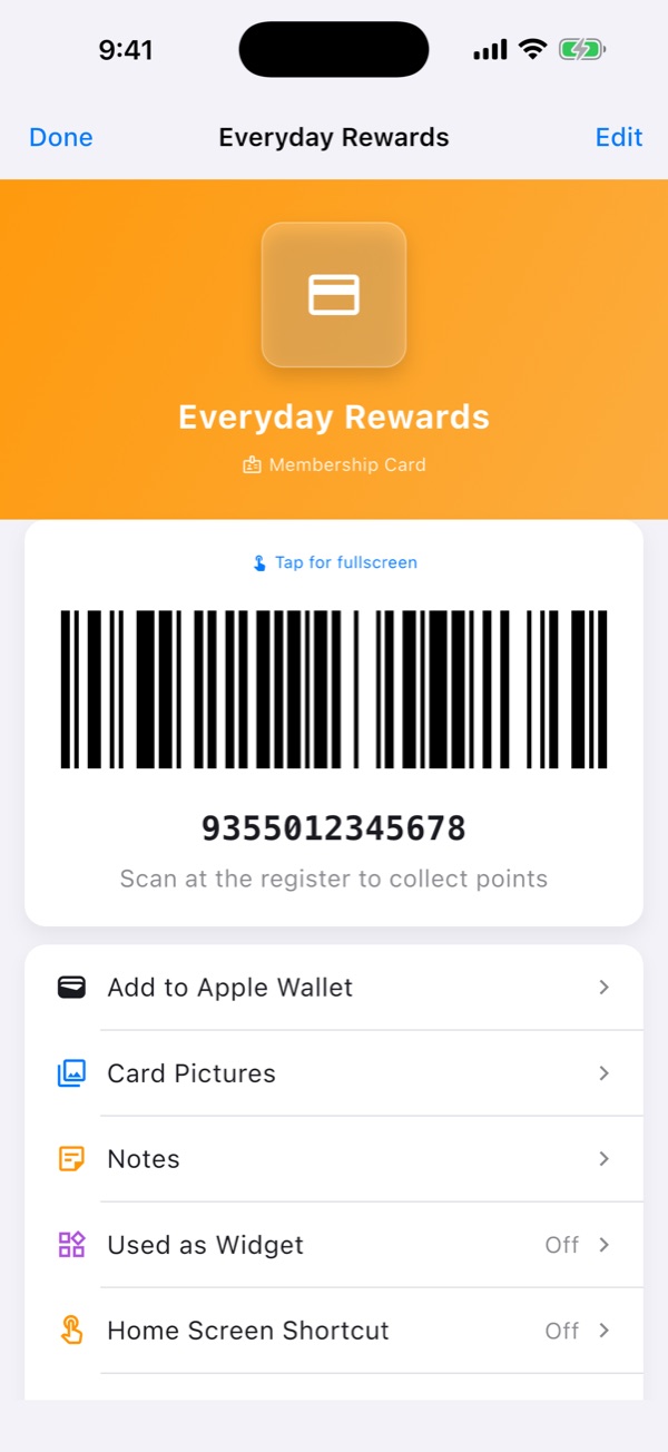 Card detail with barcode
