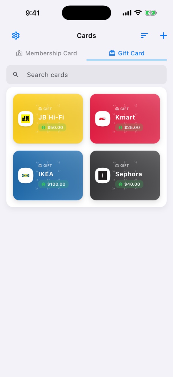 Gift cards with balances